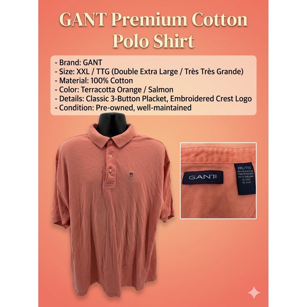 GANT Men's XXL Polo Shirt Short Sleeve 100% Cotton Salmon Pink Crest Logo